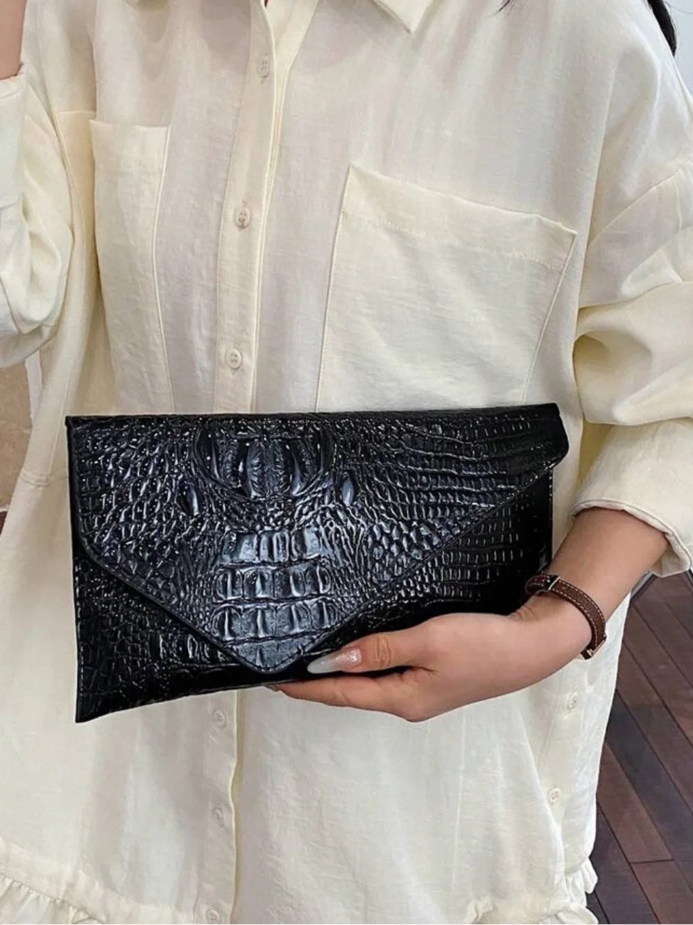 Black Croc-Embossed Envelope Clutch